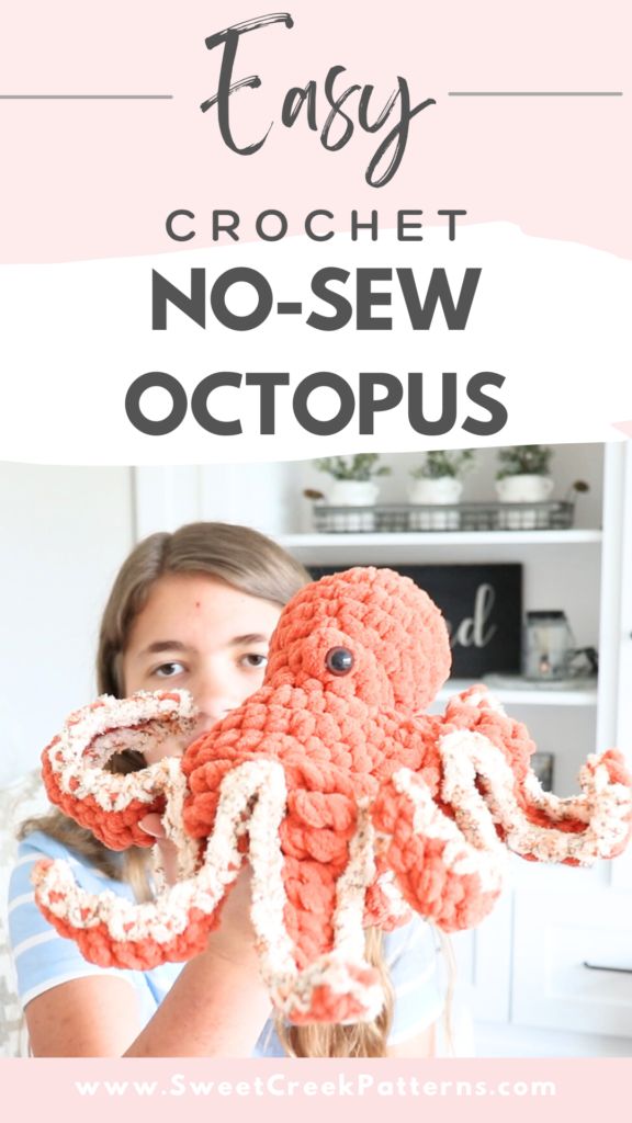 a girl holding up an octopus crochet pattern with the text easy crochet no - sew octopus