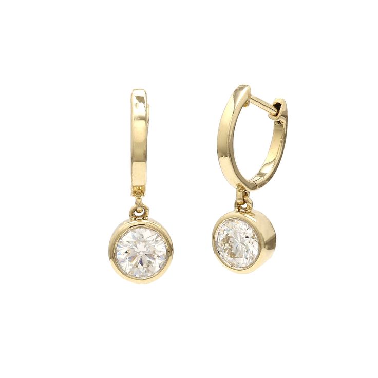 Rita Earrings - 1 1/4 Ct. T.W. - Earrings - 1000-2000 Classic Dangle Cubic Zirconia Huggie Earrings, Classic Dangle Huggie Earrings With Cubic Zirconia, Fine Jewelry Huggie Earrings With Bezel Setting, Yellow Gold Bezel-set Dangle Diamond Earrings, Yellow Gold Diamond Huggie Earrings With Bezel Setting, Classic Dangle Hoop Earrings With Prong Setting, Classic Dangle Huggie Earrings With Diamond Accents, Classic Bezel-set Diamond Dangle Earrings, Classic Diamond Dangle Earrings With Bezel Setting