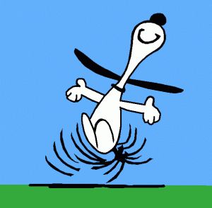 a cartoon dog running through the air with a pair of scissors in it's mouth