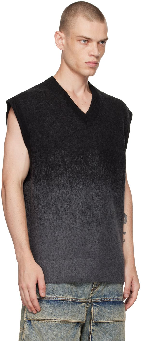 Brushed knit wool-blend vest. Jacquard gradient throughout. · Rib knit V-neck, hem, and armscyes · Press-stud fastening at side seams Supplier color: Ash Black Sleeveless Wool Top, Juun J, Oversized Vest, Gray Gradient, Mohair Knit, J Black, Grey Vest, Vest Blazer, Knit Vest