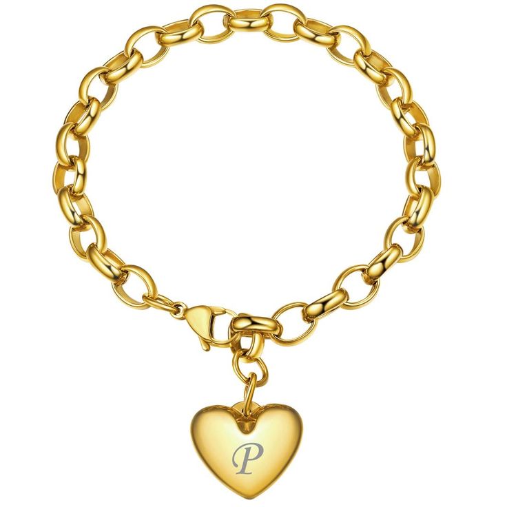 PRICES MAY VARY. 💖Gold Bracelets for Women -- Hypoallergenic, Made of 316L stainless steel with 5 layers shiny 18k gold plated mirror finish, last for long time. 💗MY HEART WILL GO ON : Keep your love close at her hand, a great sentimental jewelry gifts for loved one, telling them -- YOUR HEART WILL GO ON , just like the heart charm bracelet will accompany them at any time. Solid heart design, wear lasting always . 📌SIZE --Heart charm pendants: 18 mm x 20mm x5.3mm ✓Chain Length: 220mm✓Chain wi Letter Charm Bracelet, Mother Daughter Bracelets, Bff Bracelets, Sentimental Jewellery, Bracelets Adjustable, Letters Alphabet, Jewelry Heart, Gold Bracelet For Women, Black Bracelets