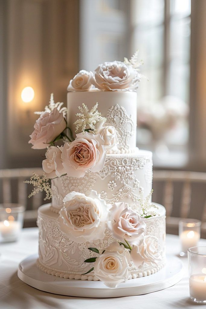 a three tiered wedding cake with white flowers on the top and sides, surrounded by candles