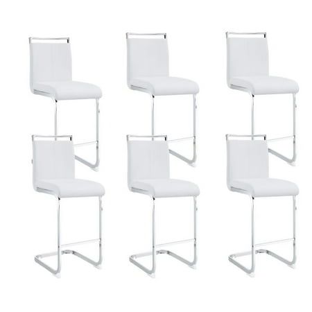 four white chairs with metal legs and one is facing the camera, in front of a white background