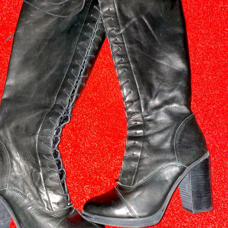 Pre Owned, Chunky Heels , Trendy, Chic , Side Zipper Trendy Fitted Leather Lace-up Boots, Formal Closed Toe Lace-up Boots For Fall, Black Leather Block Heel Lace-up Boots, Edgy Leather Boots With 4-inch Heel, Trendy Leather Heeled Boots With Closed Toe, Trendy Closed Toe Leather Heeled Boots, Trendy Leather Closed Toe Heeled Boots, Edgy Fitted Leather Heeled Boots, Trendy Leather Knee-high Heels