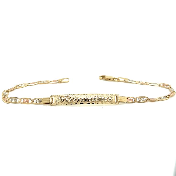 Cherish the Moment with our 14k Tri-Gold Women's Valentino Link ID Bracelet: Crafted in the timeless Solid Tri-Gold Valentino Link style, this bracelet is a symbol of Elegance and Love. We believe in the power of personalization. Your chosen name is expertly cut from solid 14k Gold and elegantly overlaid on the bracelet, creating a one-of-a-kind accessory. Additionally, you have the option to engrave a significant date on the back of the nameplate, transforming this bracelet into a cherished keepsake.  Whether it's to commemorate a special event or simply an expression of love, this 14k Gold ID Bracelet is a heartfelt and timeless gift that symbolizes the beauty of Elegance. Order this beautiful bracelet today and look forward to receiving it within 4 business days in the U.S. (internation Luxury Yellow Gold Name Bracelet For Anniversary, Luxury White Gold Bracelets Stamped 14k, Fine Jewelry Engraved Bracelets For Anniversary, Luxury 14k Stamped White Gold Bracelets, 14k White Gold Tarnish Resistant Name Bracelet, 14k Yellow Gold Name Bracelet With Polished Finish, Formal Adjustable 14k Gold Name Bracelet, Tarnish Resistant 14k White Gold Name Bracelet, Luxury White Gold Bracelet Stamped 14k