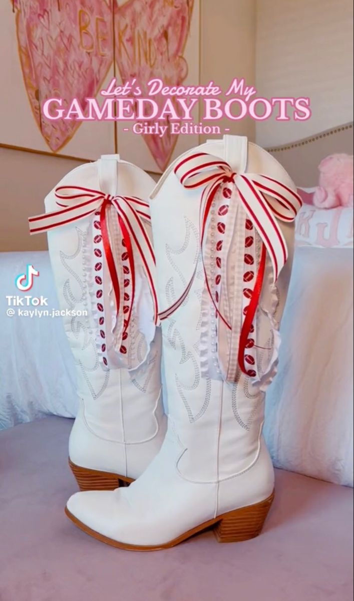 White Cowgirl Boots Gameday, White College Football Game Outfit, Preppy Alabama Outfits, Game Day Cowboy Boots, White Out College Football Game, Cowgirl Boots Colorful, Red White Game Day Outfit, Game Day Boots Ribbon, Cowboy Boots Gameday Outfit