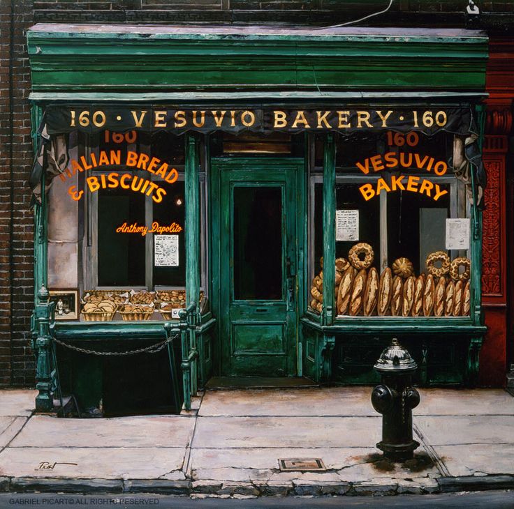 an oil painting of a bakery on the street