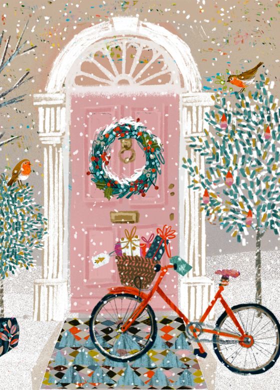 a painting of a bicycle parked in front of a pink door with wreaths on it