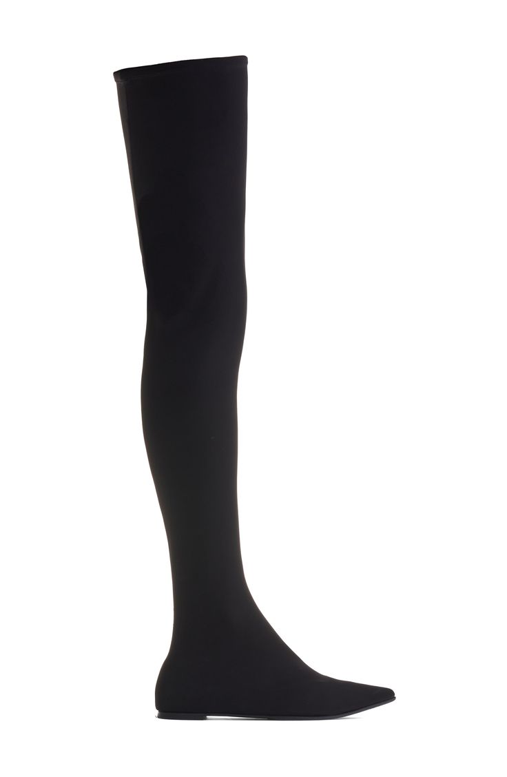 Keep your look streamlined with one-and-done ease in this thigh-high stocking boot that seamlessly pairs a pointy-toe kidskin flat with a stretch-jersey shaft. Pull-on style Textile and leather upper and lining/leather sole Made in Italy Designer Shoes Black Thigh High Evening Tights, Black Thigh High Tights For Evening, Evening Thigh High Fitted Stockings, Fitted Thigh High Evening Stockings, Thigh High Elastane Legwear For Fall, Evening Fitted Thigh-high Stockings, Stretch Thigh-high Legwear For Evening, Stretch Thigh High Legwear For Evening, Classic Black Fitted Knee-high Boots