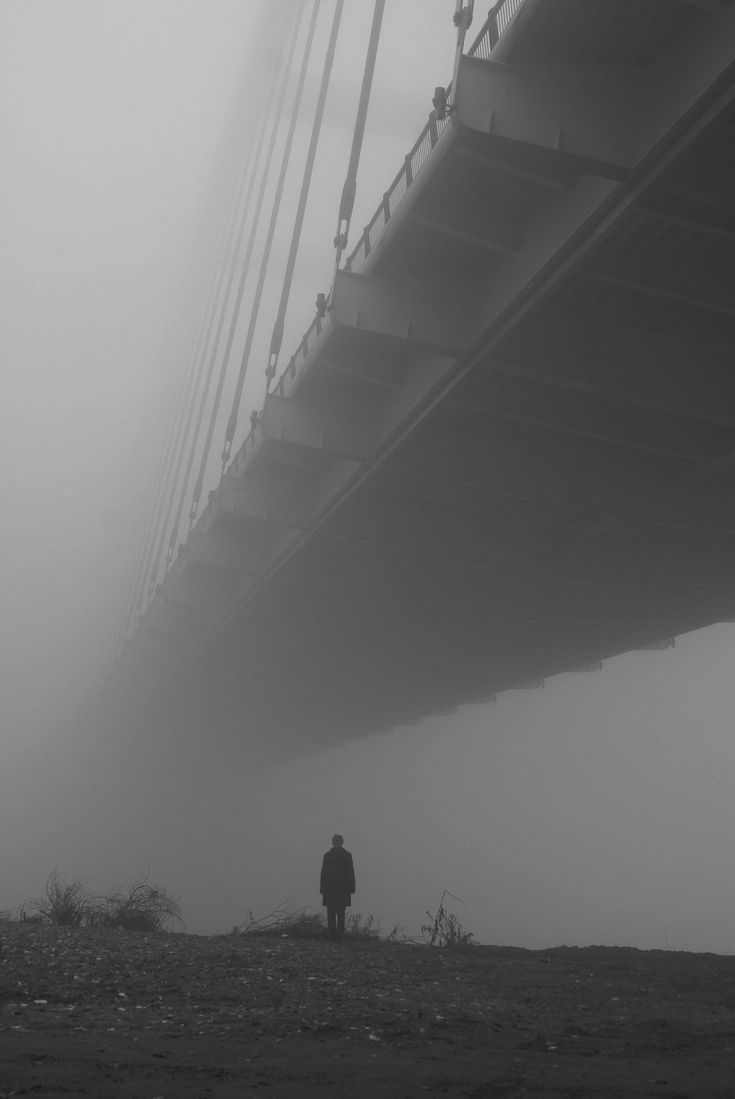 a person standing in front of a bridge on a foggy day