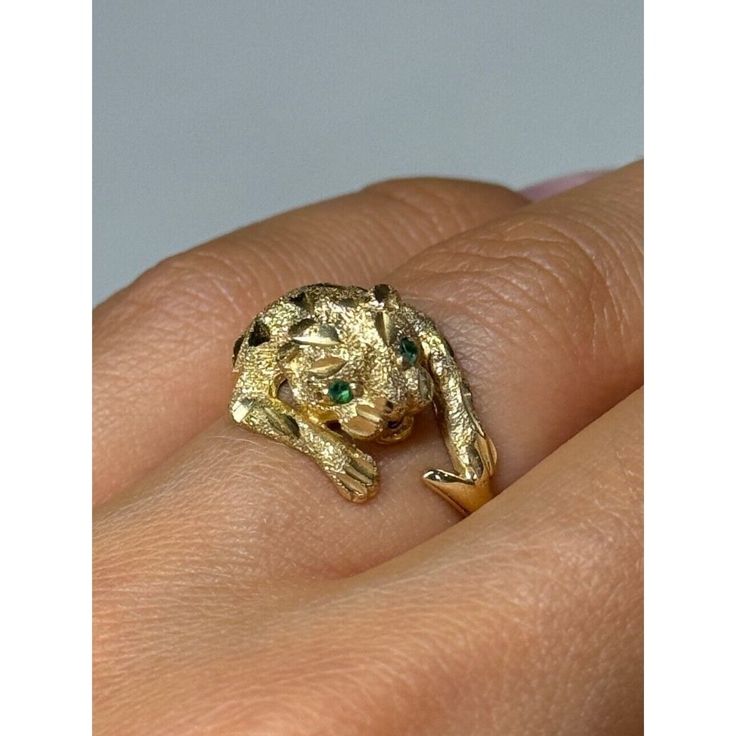 14k Yellow Gold Emerald Panther Ring Size 7 Ring Weight: 4.8 G Main Stone: Emerald Main Stone Color: Green Main Stone Shape: Round Main Stone Width: 2 Mm Main Stone Length: 2 Mm Number Of Gemstones: 2 Vintage: No Panther Ring, 7 Ring, Womens Jewelry Rings, Panther, Stone Color, Emerald, Ring Size, Size 7, Yellow Gold