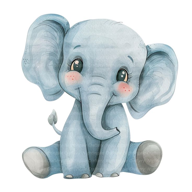 an elephant sitting on the ground with its trunk up and eyes wide open, painted in watercolor