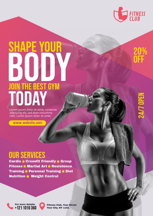 a flyer for a gym with a woman drinking water