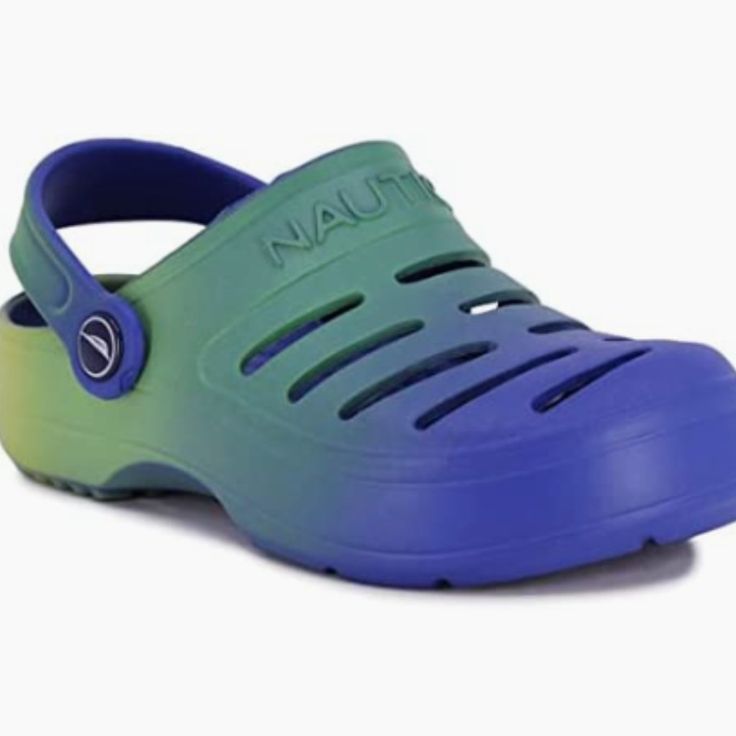 These Are Rubber Sole Cobalt/Green/Yellow Gradient Soft Material Water-Ready Classic Clogs That Provide Ventilation And Durability Size 2 Synthetic Slide Clogs For Beach, Green Beach Clogs With Cushioned Footbed, Non-slip Synthetic Clogs For Beach, Non-slip Synthetic Beach Clogs, Green Synthetic Clogs For Beach, Green Synthetic Beach Clogs, Green Slip-on Beach Clogs, Green Slip-on Clogs For Beach, Green Casual Clogs For The Beach