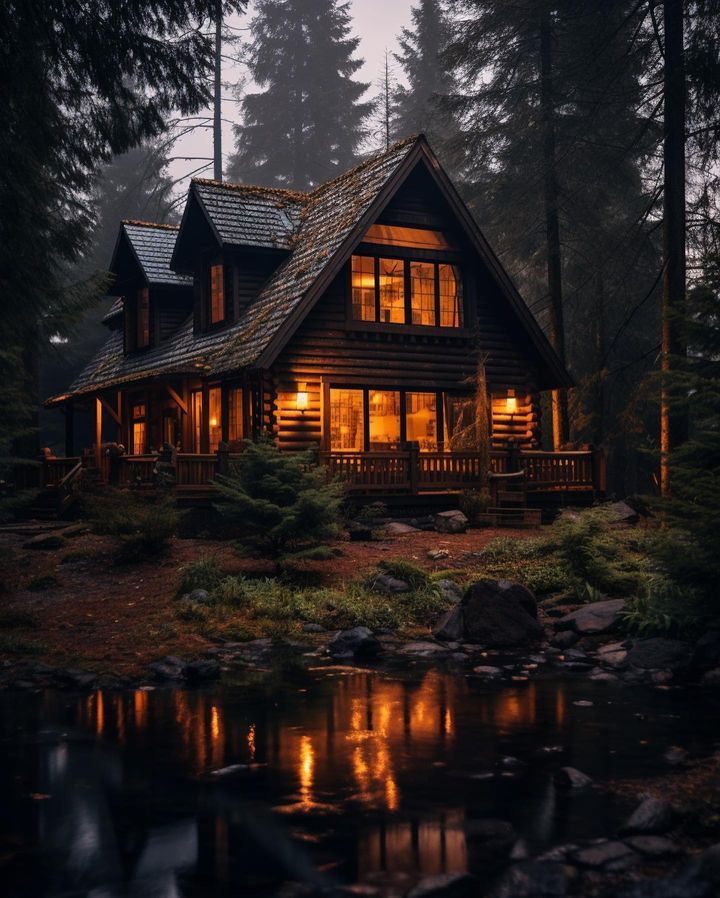 a log cabin lit up at night in the woods with water and trees around it