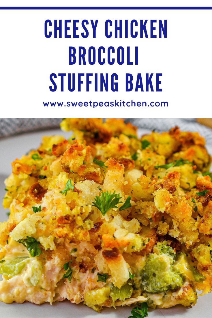 cheesy chicken broccoli stuffing bake on a white plate