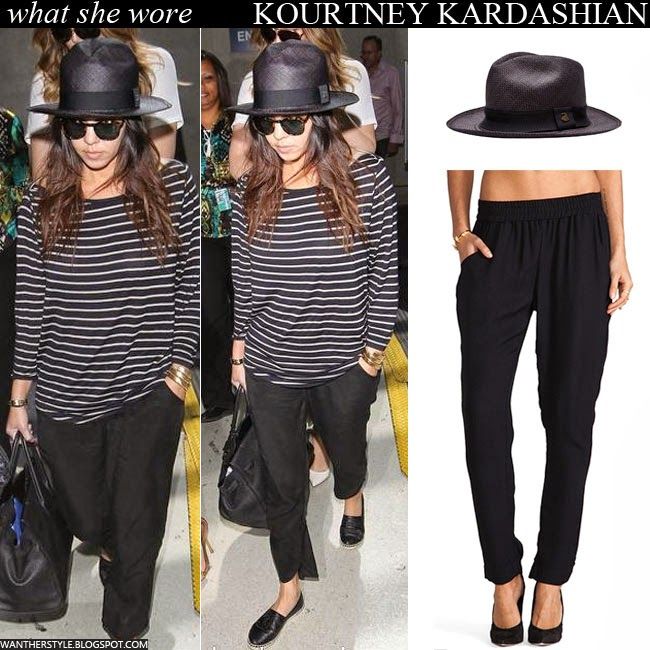 Kourtney Kardashian in black straw panama hat, stripe top, black pants with black slippers Want Her Style #kourtneykardashian #fashion #style #chic #spring #outfit #inspiration Straw Hat Outfit Summer, Straw Hats Outfit, Hat Outfit Summer, Sporty Cap, Panama Beach, Black Straw Hat, Baker Boy Cap, Black Slippers, Summer Sweaters