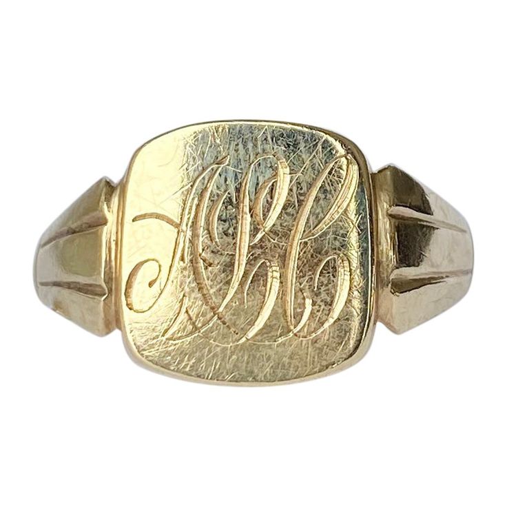 This sweet signet is modelled in 9ct gold and has a face with the initials 'ALC' engraved into it. Fully hallmarked Birmingham 1957. Ring Size: W or 11 Face Dimensions: 13x12mm Weight: 3.3g Classic Engraved Ring With Hallmarks, 14k Gold Engraved Ring With Initials For Collectors, Personalized Engraved Yellow Gold Ring For Collectors, Classic Yellow Gold Signet Ring With Maker's Mark, Classic Yellow Gold Engraved Ring With Maker's Mark, Gold Signet Ring With Maker's Mark As Gift, Collectible Yellow Gold Signet Ring With Initials, Classic Gold Initial Ring Collectible, Classic Hallmarked Signet Ring For Collectors