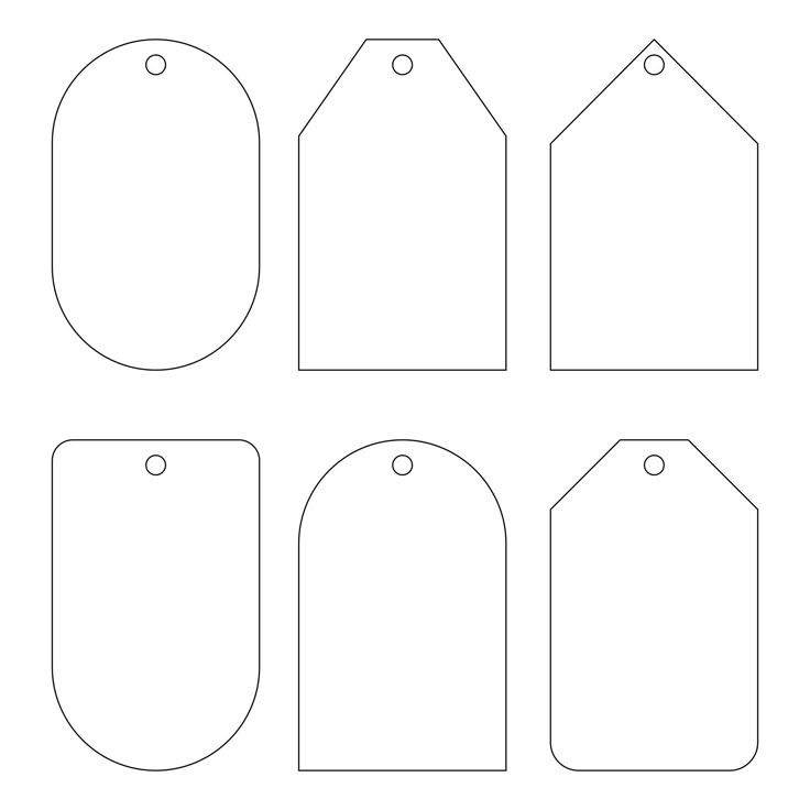 four blank tags are shown in the shape of an oval, rectangular and rectangle