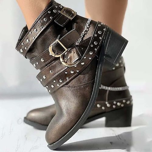 Category:Boots; Upper Materials:PU; Embellishment:Buckle; Season:Fall,Winter; Heel Type:Low Heel,Block Heel; Gender:Women's; Toe Shape:Round Toe; Type:Booties Ankle Boots; Style:Luxurious,Industrial Style,Fashion,Casual; Heel Height(inch):1-2; Outsole Materials:Rubber; Occasion:Daily,Work,Outdoor,Walking; Closure Type:Zipper; Listing Date:08/21/2023; 2024 Trends:Motorcycle Boots,Plus Size,Work Boots,Winter Boots,Booties Ankle Boots Ankle Boots Winter, Boots Plus Size, Cheap Ankle Boots, Plus Size Work, Booties Ankle Boots, Coffee Black, Winter Ankle Boots, Chic Type, Boots Winter