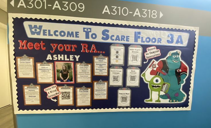 a welcome sign to some floor 3a with pictures on the front and back of it