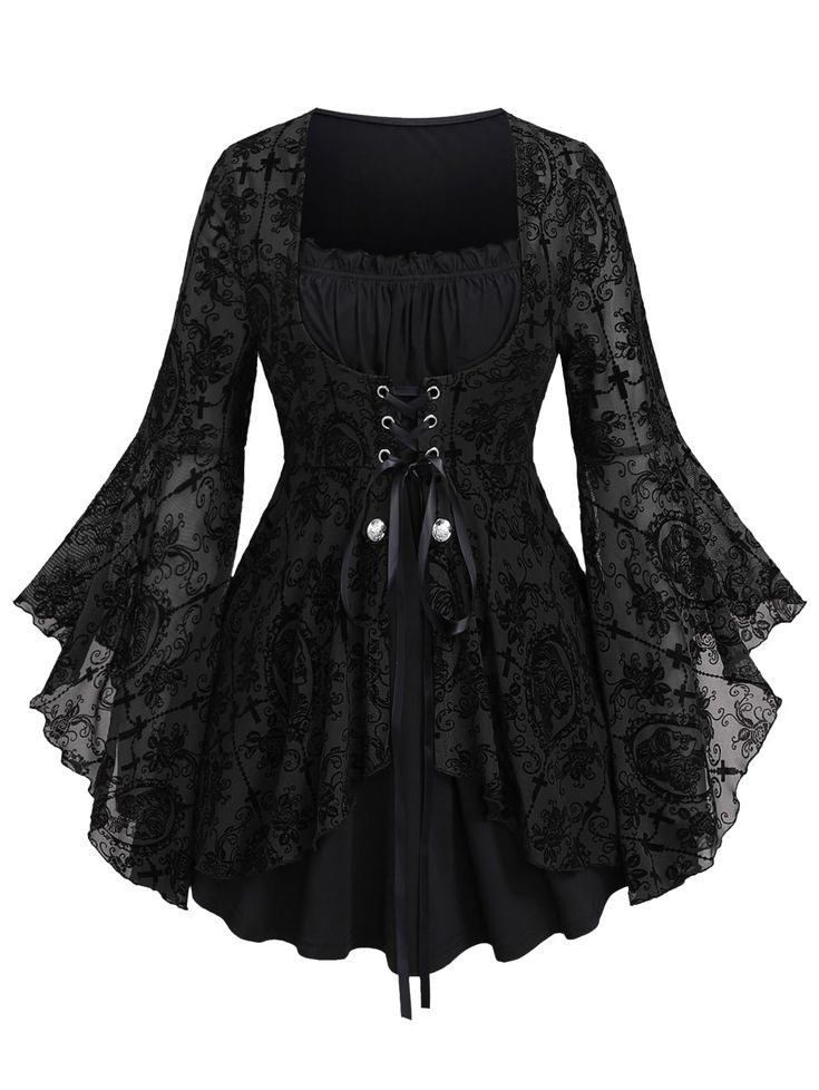 PRICES MAY VARY. Featurel--Gothic style, square neck, lace-up, costume top, long sleeves, ruffles, colorblock, flower print, two tone, buttons Matching--This gothic top can be worn not only with jeans, flares, shorts, and skirts. as everyday fashionable wear but also with hats, necklaces, boots, etc. as a vampire role-play on Halloween. Also, a Renaissance costume or carnival costume is also a good option. Occasions--This long sleeves tee is suitable for daily, halloween witch costume, Renaissan Cheap Goth Dresses, Luxury Long Sleeve Sleek Pantsuit, Cheap Long Sleeve Men's Outerwear, Luxury Bollywood Salwar Kameez With Dabka, Womens Sorceress Costume, Black Lace Long Sleeve Top With Jeans, Plus Size Fall Club Wear, Luxury Pre-draped Red Maxi Dress, Luxury Elegant Strapless Dress For Beach