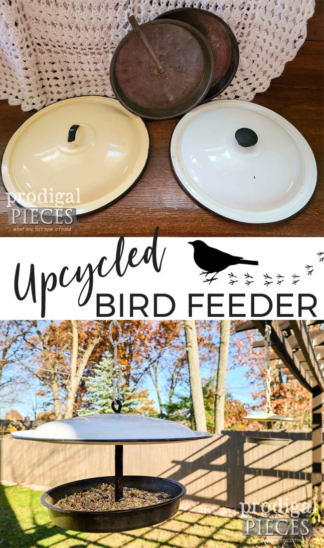 an upcycled bird feeder made from old plates