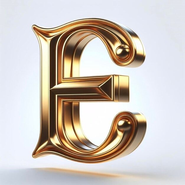 the letter e is made up of shiny gold metal and has an elegantly shaped design