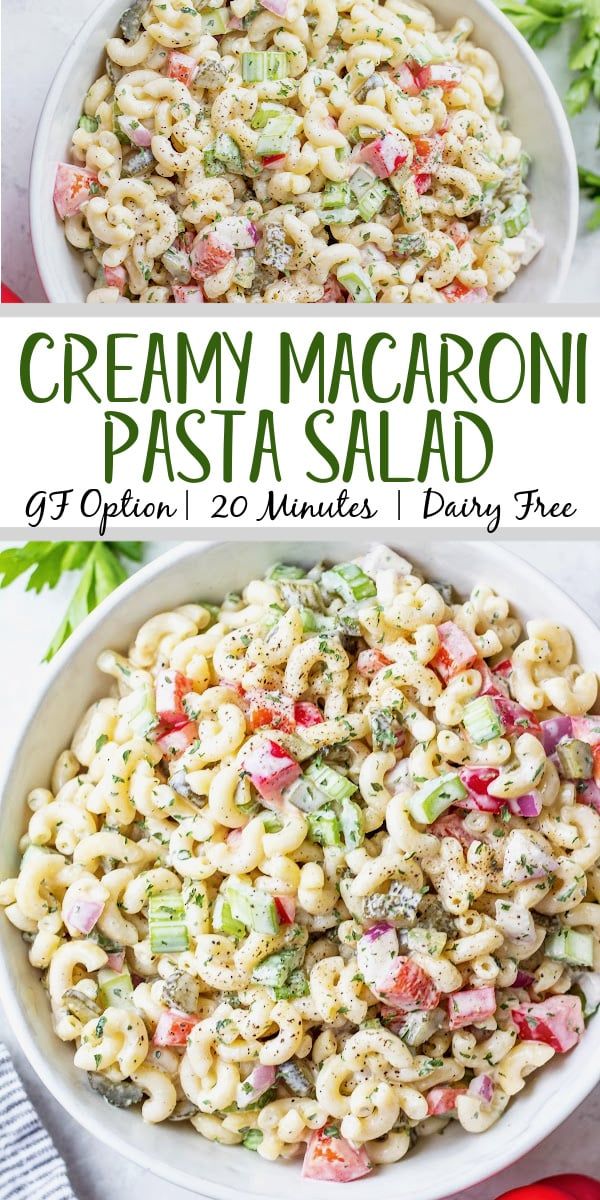 macaroni pasta salad in a white bowl with text overlay