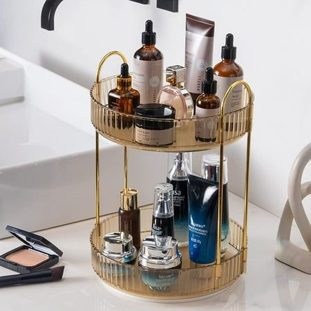 This turntable organizer can be used as: perfume holder organizer, bathroom organizer countertop, nail polish organizer, dresser organizer countertop, skin care organizer, spice racks, fruit case, etc. The bedroom, bathroom, closet cabinet, kitchen, dresser, office, or countertop are good places to place it. Colors: White Clear/Green/Gold Size: 2 Tiers/3 Tiers Material: Plastic & Alloy Steel Style: Light luxury Mounting Type: Tabletop Mount Size: 2 Tier.  Color: Yellow. Makeup Carousel, Bathroom Skincare Organization, Makeup Organizing, Cosmetics Organizer, Uni Dorm, Rotating Makeup Organizer, Dresser Organizer, Makeup Stand, Window Nook