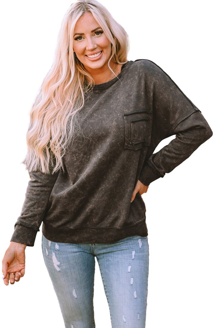 Stay cozy and chic with this acid wash sweatshirt. Featuring a crew neck and long sleeves for added warmth and style, it's made from high-quality material for everyday comfort.Tops > Sweatshirts & Hoodies Material: 65%Polyester+35%Cotton Pattern: solid Neckline: Round Neck Silhouette: Shift Occasion: Daily Style: casual Color: Grey Details: Pocket,Decoration Sleeve Length: Long Sleeve Trendy Washed Black Top With Pockets, Acid Wash Tops With Pockets For Fall, Washed Black Relaxed Fit Sweater For Fall, Distressed Cotton Long Sleeve Sweater, Distressed Long Sleeve Cotton Sweater, Soft Texture Crew Neck Sweatshirt For Fall, Winter Loungewear Washed Black Sweatshirt, Casual Long Sleeve Distressed Sweater, Casual Distressed Crew Neck Sweater