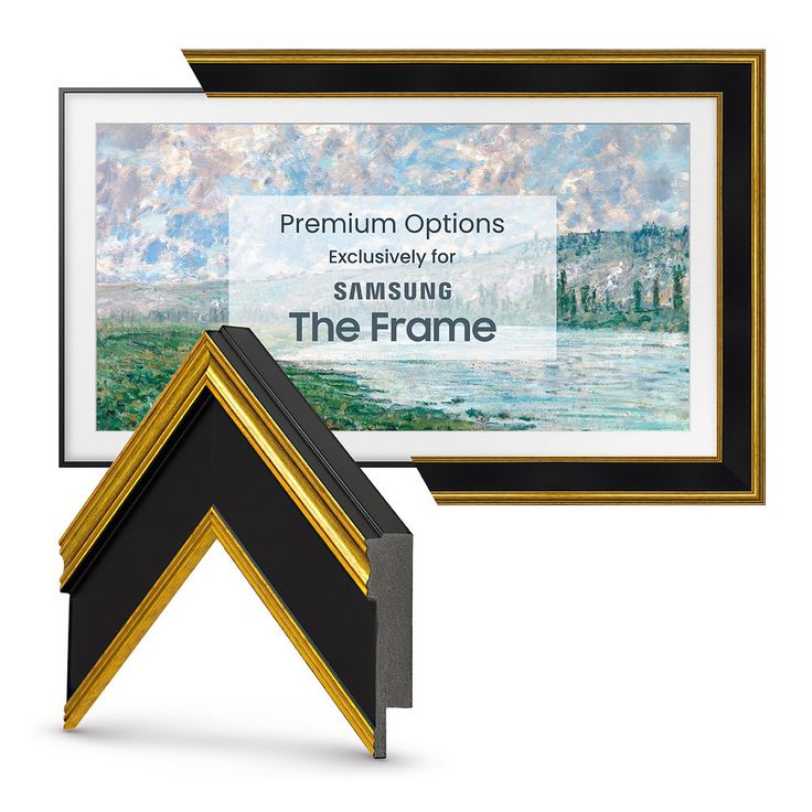 the frame has been placed next to an image of a painting and it is black with gold trim