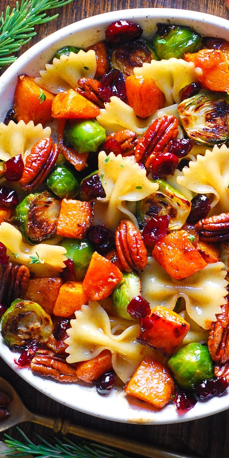 Roasted Butternut Squash Pasta Salad with Brussels Sprouts, Pecans, and Cranberries in a white bowl. Butternut Squash Pasta Salad, Squash Pasta Salad, Thanksgiving Pasta, Butternut Squash Side Dish, Squash Pasta Recipe, Fall Pasta, Autumn Side Dishes, Butternut Squash Pasta, Squash Pasta