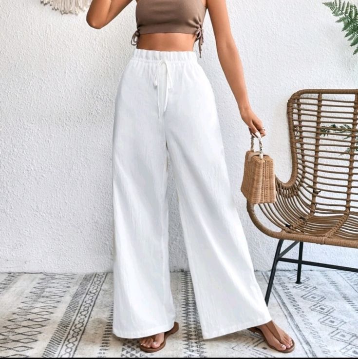 White Paperbag Waist Wide Leg Pants 100% Cotton Trendy Cotton Wide Leg Pants For Vacation, White Cotton Wide Leg Pants For Day Out, High Waist Cotton Wide Leg Vacation Pants, High-waist Cotton Wide Leg Pants For Vacation, High Waist Cotton Wide Leg Pants For Vacation, High Waist Wide Leg Cotton Pants For Vacation, White Wide Leg Vacation Pants With Pockets, White Cotton Wide Leg Pants For Vacation, White Wide Leg Pants With Pockets For Vacation