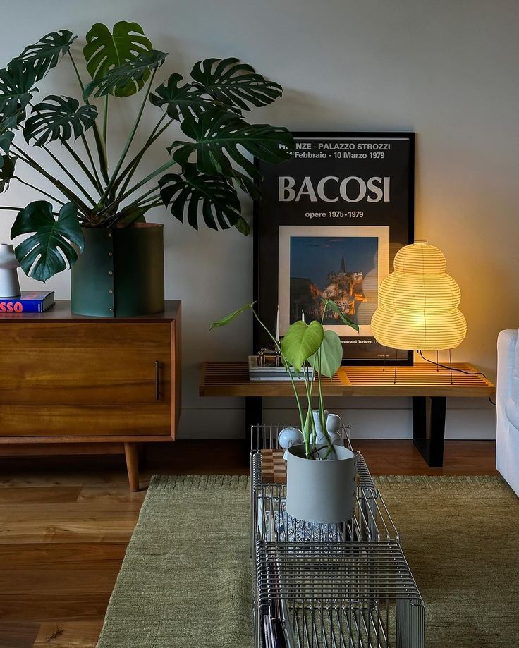 a living room with plants on the coffee table and a poster in the corner that says bacosi