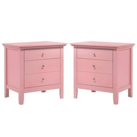 pair of pink nightstands with drawers on each side and one drawer open in front