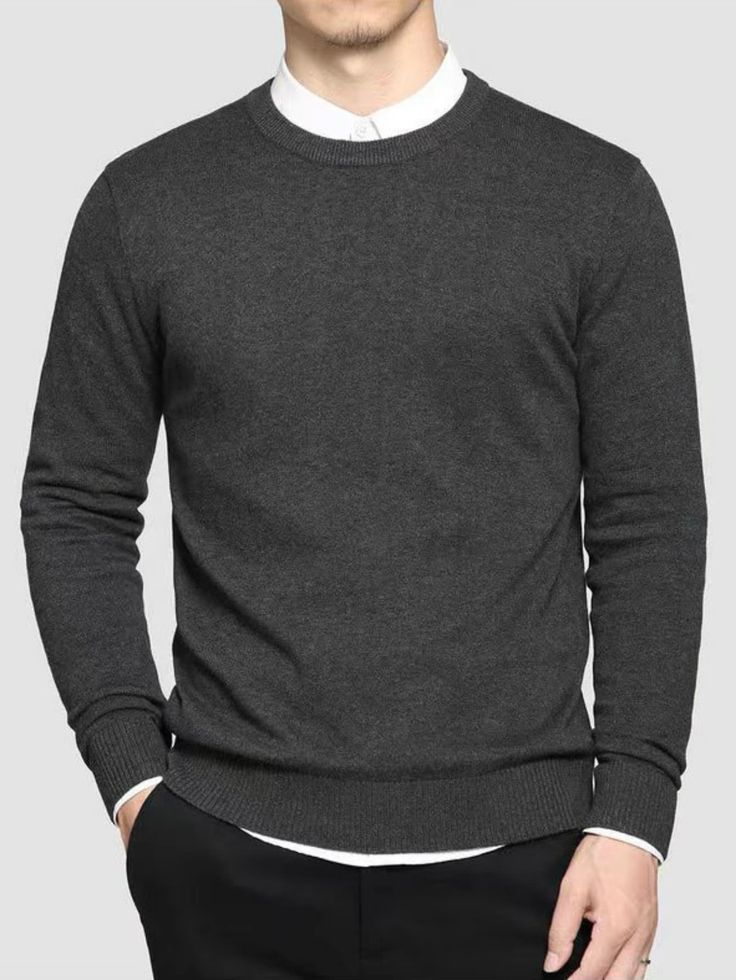 Dark Grey Casual Collar Long Sleeve Fabric Plain Pullovers Embellished Medium Stretch  Men Clothing Gray Pullover Outfit Men, Dark Grey Sweater Outfit, Polo Long Sleeve Outfit Men, Grey Pullover Outfit, Long Sleeves Outfit Men, Dark Grey Sweater, Long Sleeve Shirt Outfits, Dark Sweater, Grey Sweater Outfit