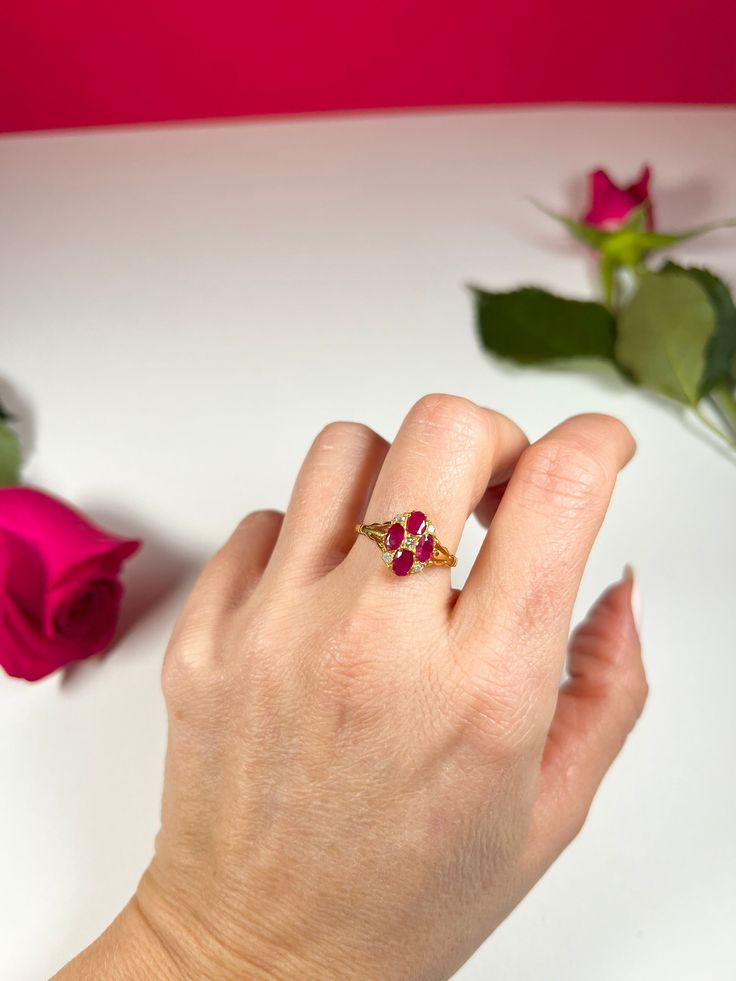 Antique Ruby & Diamond Ring  15ct Gold Stamped  Circa 1880 Fabulous, Oval Shaped Victorian Ring. Set with Four Oval Shaped Rubies & Five Diamonds. Mounted on a 15ct Gold Band with Pretty, Split Shoulders.  Face Of The Ring Measures Approx Height 11.5mm & Width 8.6mm  UK Size N  US Size 7 Can be resized using our resizing service, please contact us for more information. All of our items are either Antique, Vintage or Preloved. They are in used condition & may show some signs of age related wear, Gold Marquise Ruby Ring With Diamonds, Red Oval Cluster Ring With Rose Cut Diamonds, Luxury Gold Oval Ruby Ring, Luxury Oval Ruby Ring In Gold, Oval Brilliant Cut Ruby Ring In 14k Gold, 14k Gold Ruby Ring With Brilliant Cut Oval Shape, Oval Rose Cut Diamond Ring With Ruby Accents, Heirloom Yellow Gold Diamond Ring With Oval Cabochon, Oval Ruby Cluster Ring With Rose Cut Diamonds