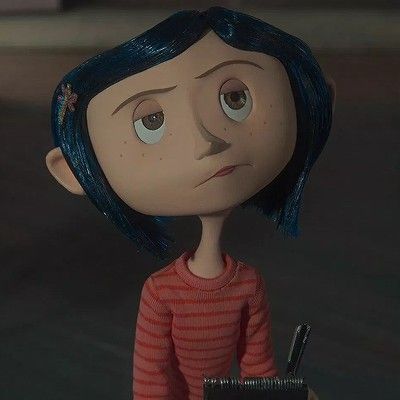 an animated doll with blue hair holding a cell phone and looking at the camera while standing in front of a car