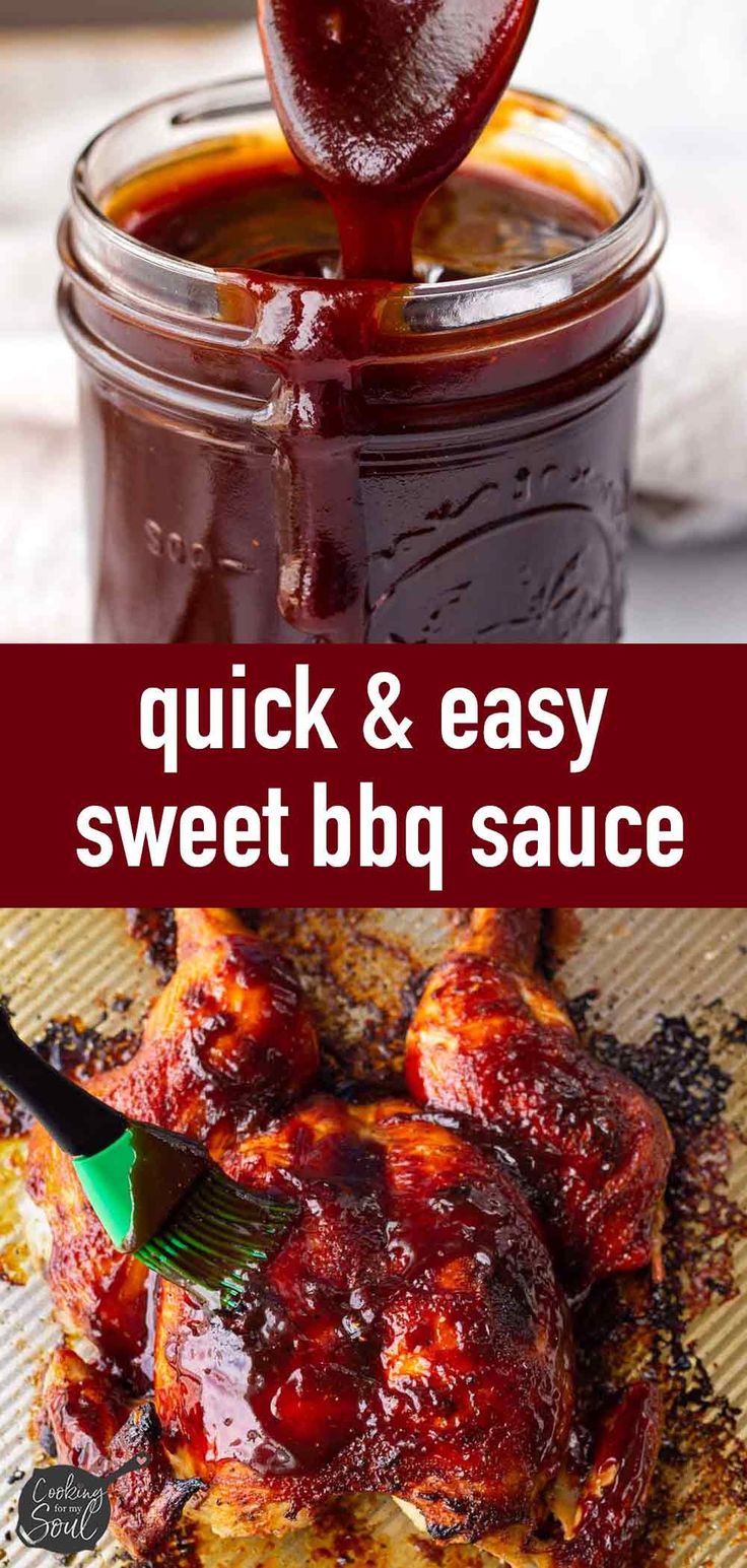 the recipe for sweet bbq sauce is in a jar and it's being drizzled with barbecue sauce