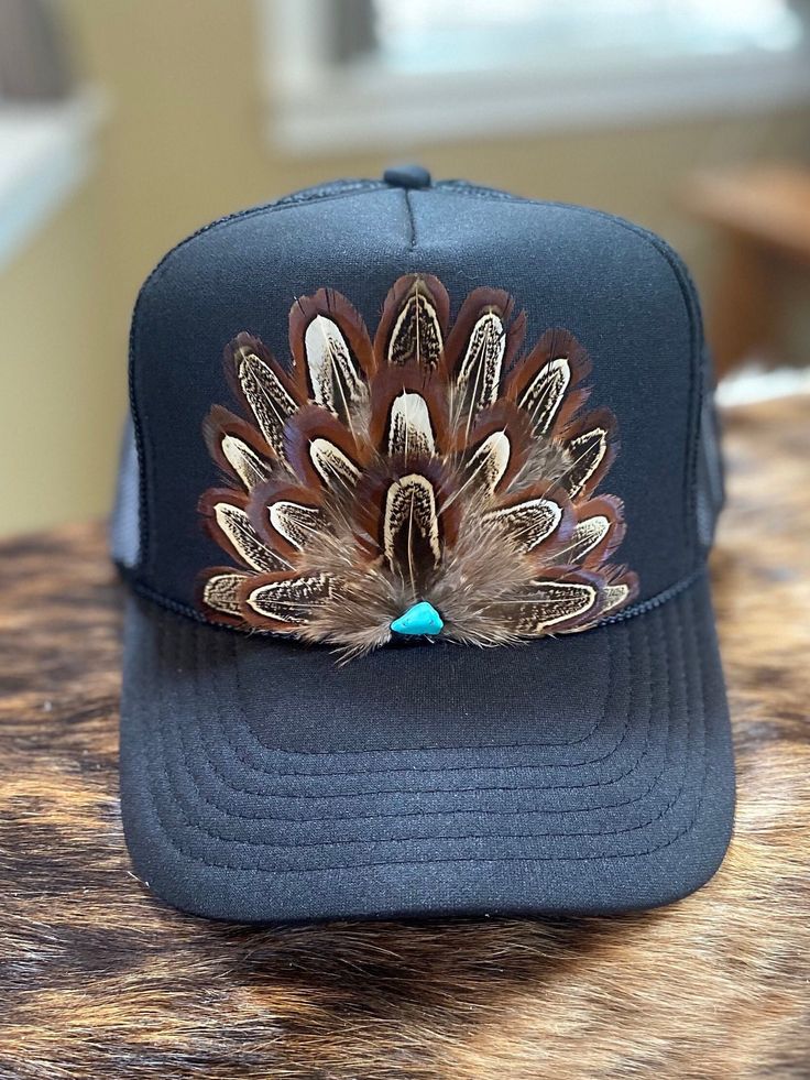 Beautiful pheasant feathered trucker hat in  BLACK.  Handmade embellishment on a 5 Panel, foam front Trucker Hat. Country Concerts Western Attire Rodeos Girls night out Boho cowgirl indie Stagecoach Outfit summer hat Beach hat Trucker Hat Country, Country Craft Ideas, Stagecoach Outfit, Diy Western, Hat Feathers, Hat Burning, Rodeo Girls, Summer Hats Beach, Black Trucker Hat