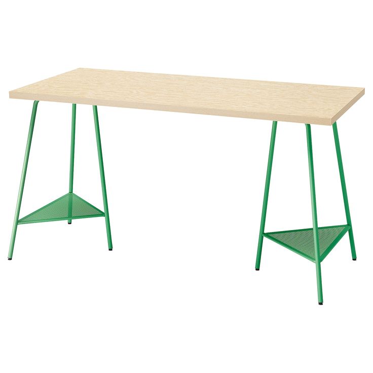 a wooden table with green metal legs on an isolated white background for use as a desk