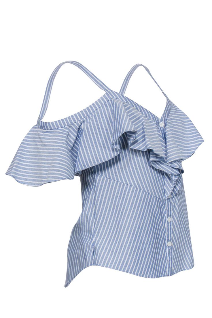 Go for that chic and sweet summertime look with this blouse from Veronica Beard! An ethereal striped design adorns whimsical ruffles and an adorable off-the-shoulder silhouette. Perfect for a summer soiree on the New England coast. Pair with white shorts and wedges for your next excursion to Martha's Vineyard. Size 2 100% Cotton Front button-up closure Unlined V-neckline Short sleeve off-the-shoulder design w/ straps Striped design Ruffles on bust and sleeves Bust 32" Waist 31" Sleeve length 6"