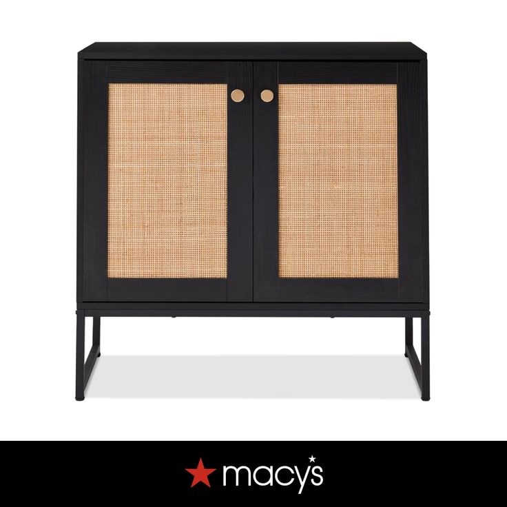 a black cabinet with two doors and wicker panels on the front, in an advertisement for macy's