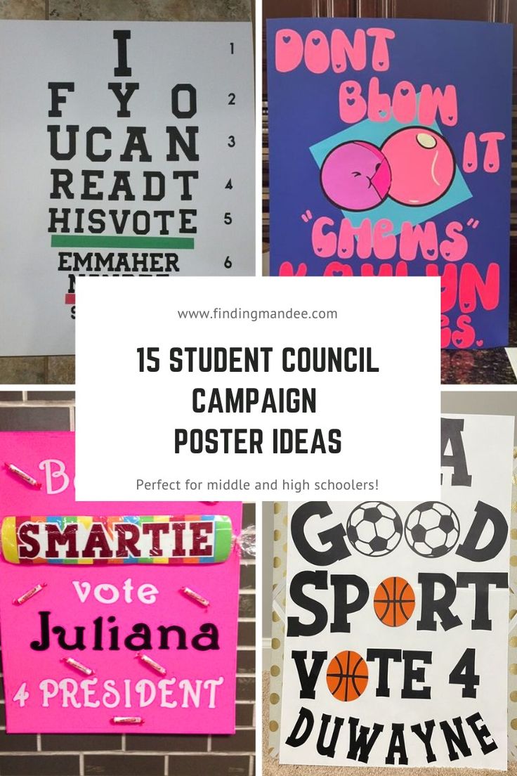 several posters with words on them in different colors and font styles, including one that reads 15 student council campaign poster ideas