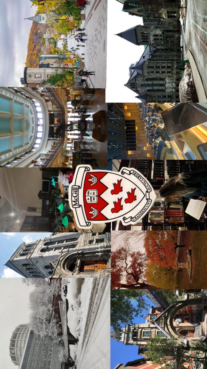 a collage of photos with buildings and trees in the middle one has a canadian flag on it