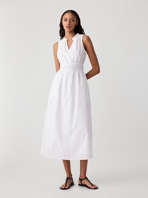 Linen-Blend Splitneck Maxi Dress Sewing Clothes Women, Fashion 2024, Spring 2024, Sewing Clothes, Ruffle Trim, Linen Blend, Jumpsuit Dress, Smocking, Gap