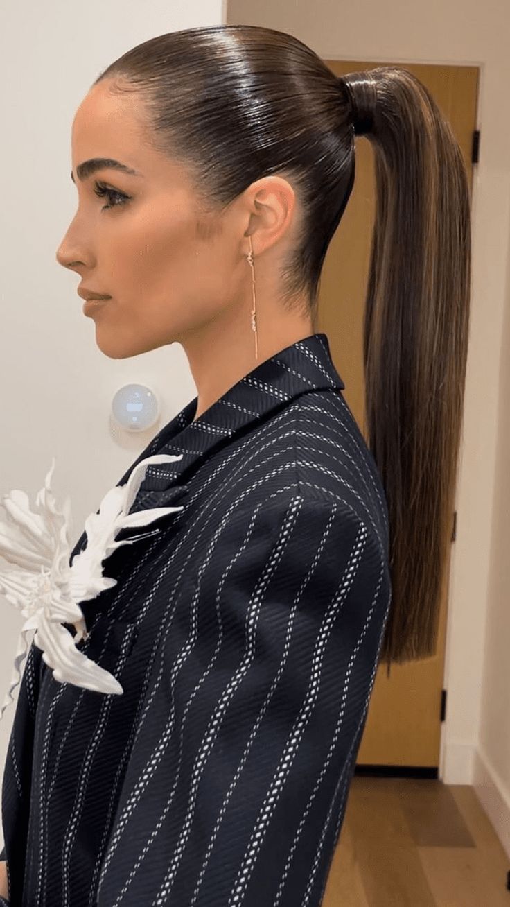 16 Slick Ponytail Hair Ideas That Will Instantly Elevate Any Look Sleek Hair With Headband, Gelled Ponytail Hairstyles, Slick Hair Ponytail, Long Straight Hair Ponytail Styles, Low Ponytail Straight Hair, Slick High Bun Hairstyles, Slick Back Ponytail Wedding, Middle Slick Back Ponytail, Slick Straight Ponytail