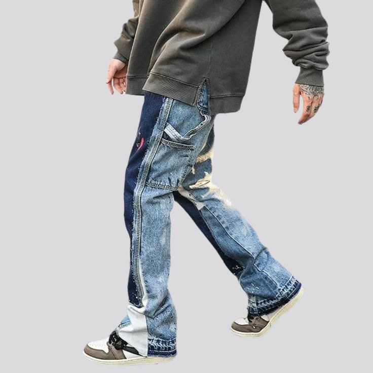 Y2K is back and better than ever! Introducing our 2023 Autumn collection of men's y2k jeans - a classic style that is sure to make you stand out!Distinctive Features: Y2K Style: Relive the early 2000s with this classic y2k style, featuring a baggy fit and patchwork detailing. Painted Finish: With a unique painted finish, these jeans add a touch of artistic flair to any outfit. Carpenter Details: The carpenter details add a rugged touch, making these jeans perfect for any casual occasion. Mid-Wai Y2k Denim Blue Jeans For Streetwear, Y2k Mens Jeans, Y2k Non-stretch Denim Jeans, Faded Pre-washed Jeans For Streetwear, Streetwear Pre-washed Rigid Denim Bottoms, Y2k Jeans, The Early 2000s, Custom Jeans, 2023 Autumn