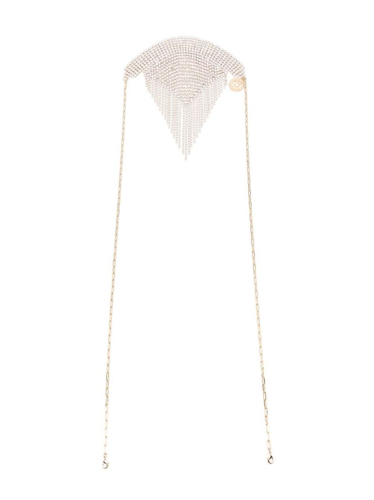 gold-tone brass crystal embellishment fringed edge logo charm cable-link chain polished finish lobster claw fastening Luxury Silver Chain Necklace For Party, Luxury Metal Chain Necklace For Evening, Designer Metal Jewelry For Evening, Designer Metal Necklace For Party, Formal Yellow Gold Chain Belt, Luxury Evening Necklaces With Chain Detail, Luxury Evening Necklace With Chain Detail, Luxury Evening Necklace With Chain, Luxury Chain Jewelry For Parties